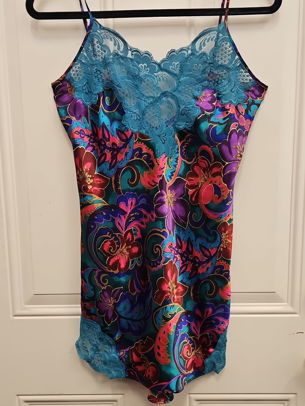 Victoria's Secret Teal Lace-Trim Multicolor Floral Satin Slip